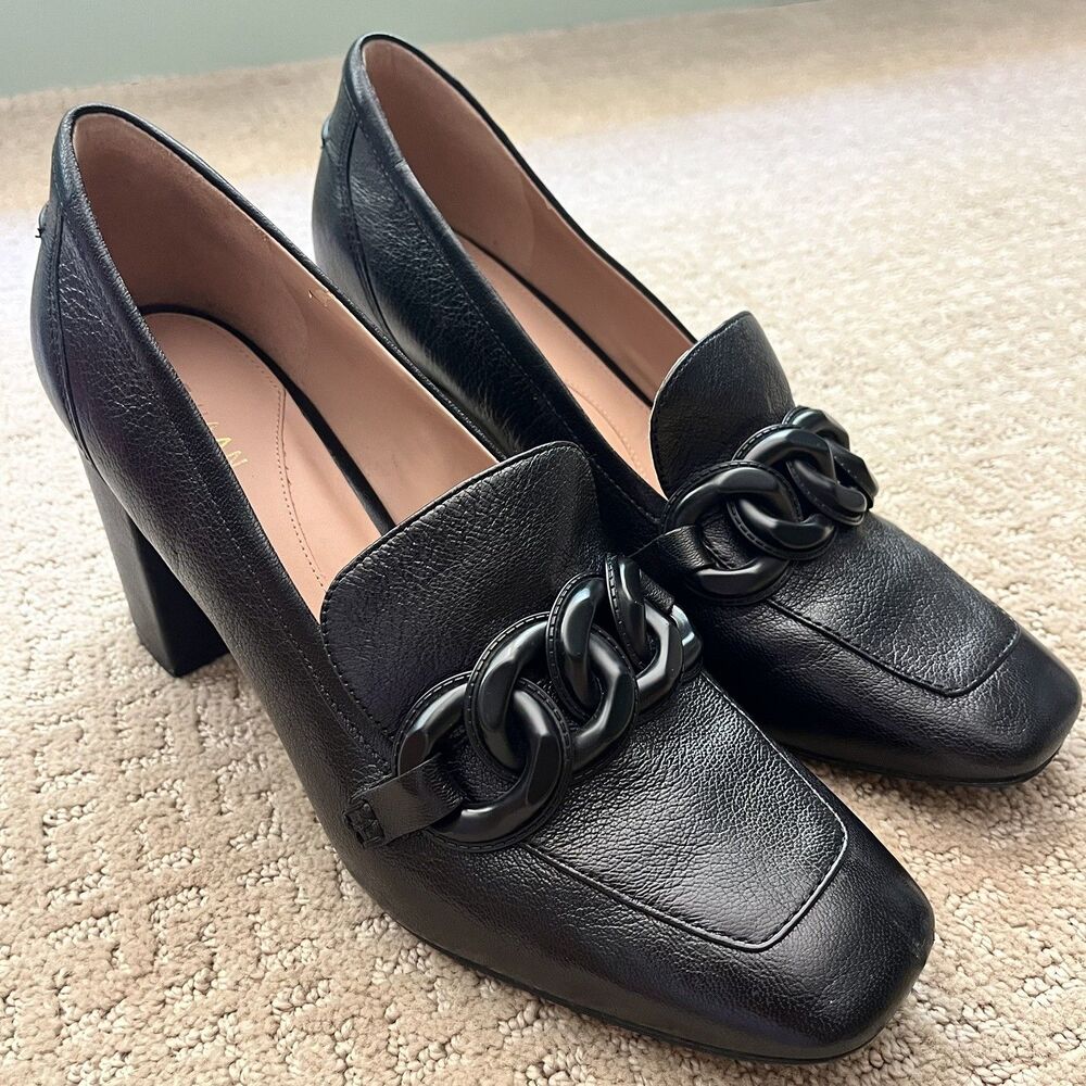Cole Haan Sz 11 Chrystie Chain Block Heel Loafer Black Leather Pumps Square Toe